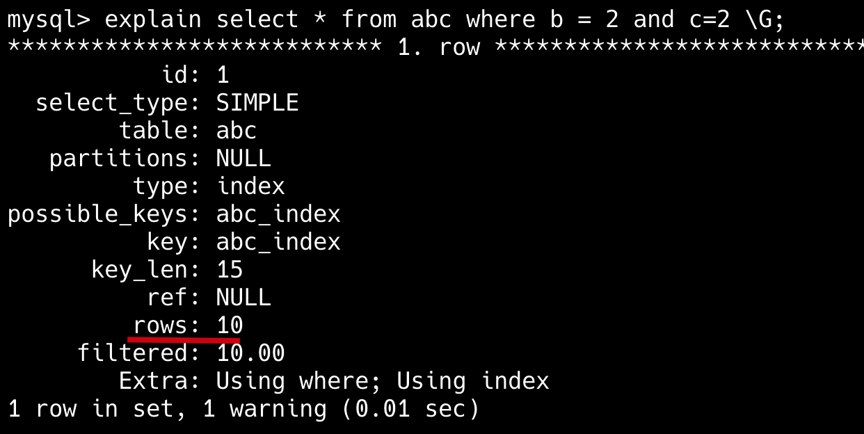 二哥的 Java 进阶之路：rows 为 10 行，说明全表扫描了