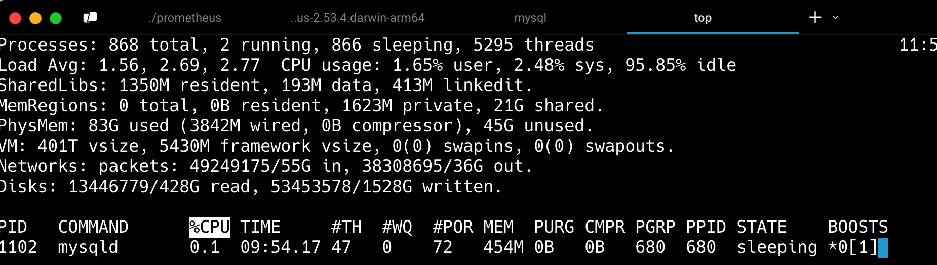 top -pid $(pgrep mysqld)