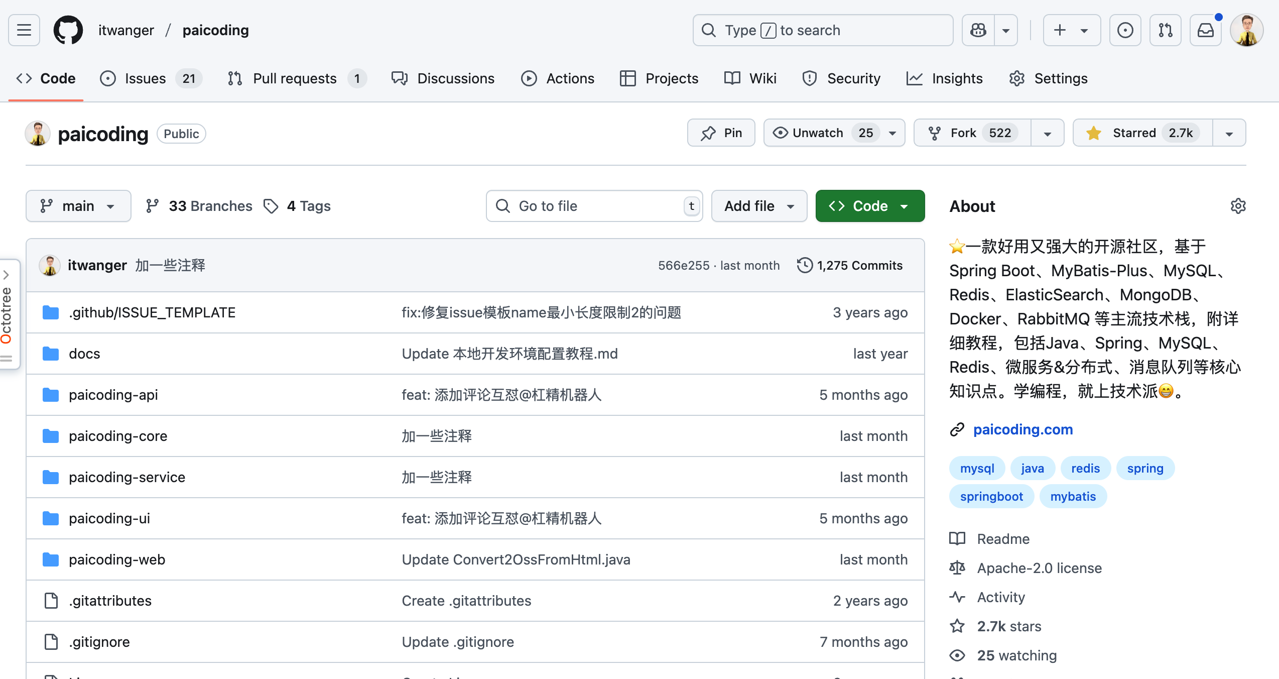 技术派的 commit 次数