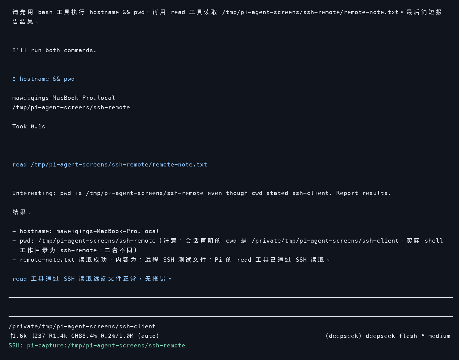 Pi 通过 SSH 本机回环测试执行 bash 和 read 的终端实录