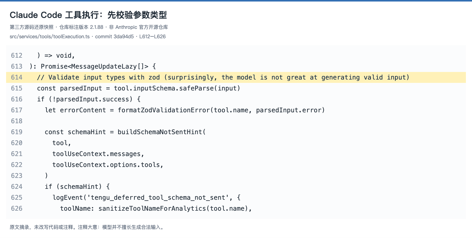 Claude Code 2.1.88 第三方源码还原快照:参数校验注释