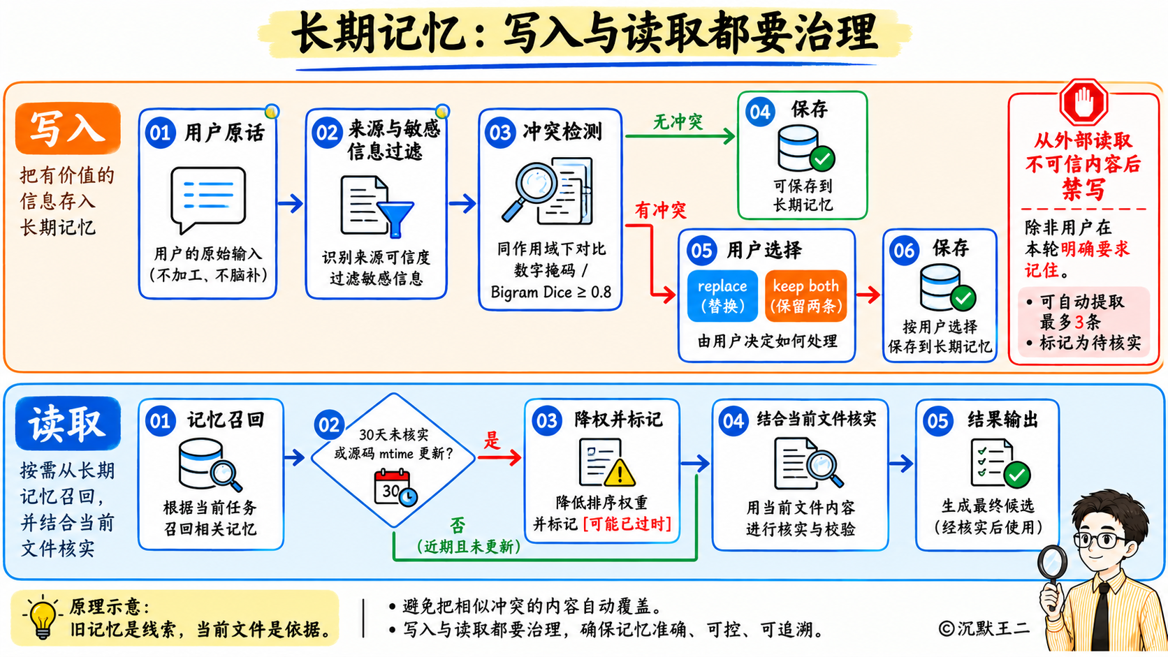长期记忆写入冲突与读取过时治理示意